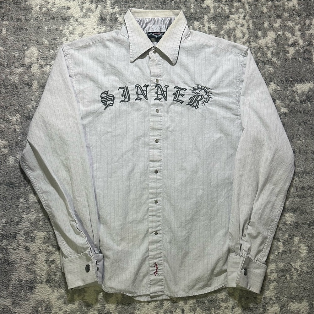 Men’s Fender “Sinner” Embroidered Rock & Roll Religion Pearl Snap Shirt